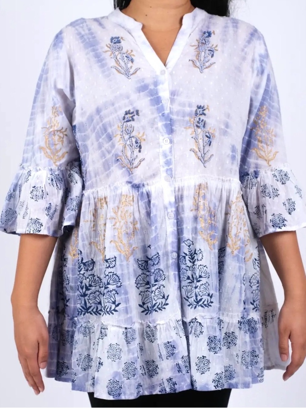 Sacred Threads Beaded Blockprint lavender and white Cotton Shirt